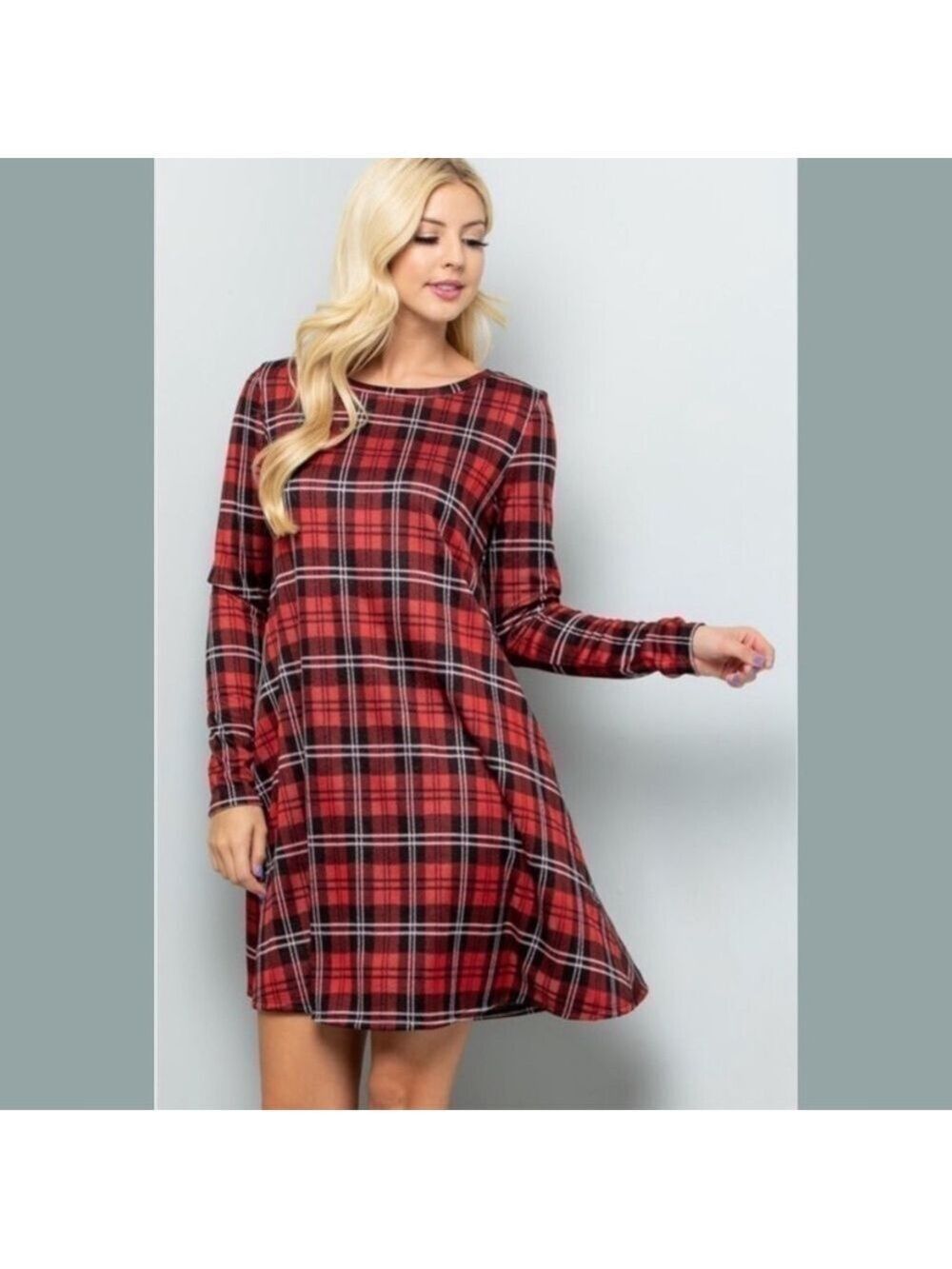 Sunday Morning Plaid Tunic Swing Dress Long Sleeve